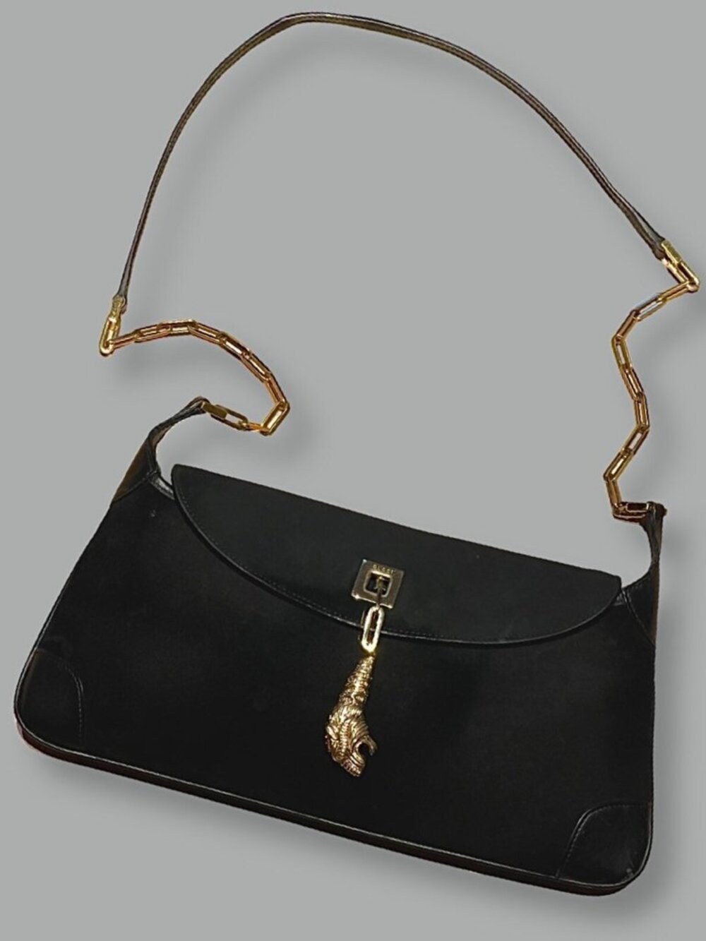 VINTAGE RARE GUCCI Monogram Tiger Charm Shoulder Bag Black AUTHENTIC